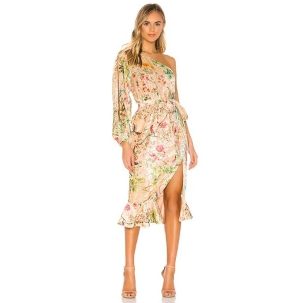 NWT Hemant & Nadita Veena One Shoulder Midi Dress Nude Velvet Burnout Small